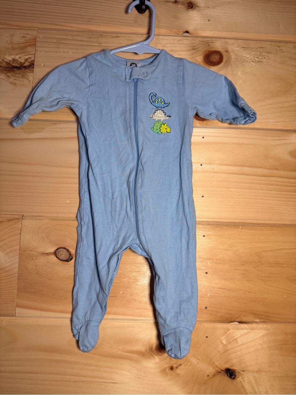 Blue Baby Footed One-Piece Sleepwear with Animal Embroidery